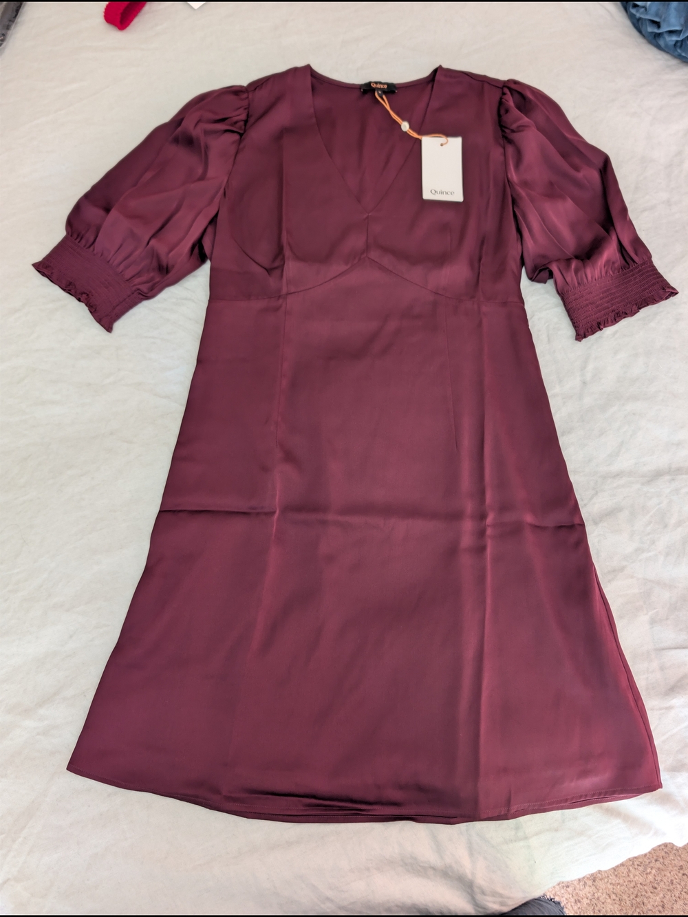 Quince Washable Silk Puff Sleeve V-neck Mini Dress Size Small Wine Tasting Red - Picture 2 of 9